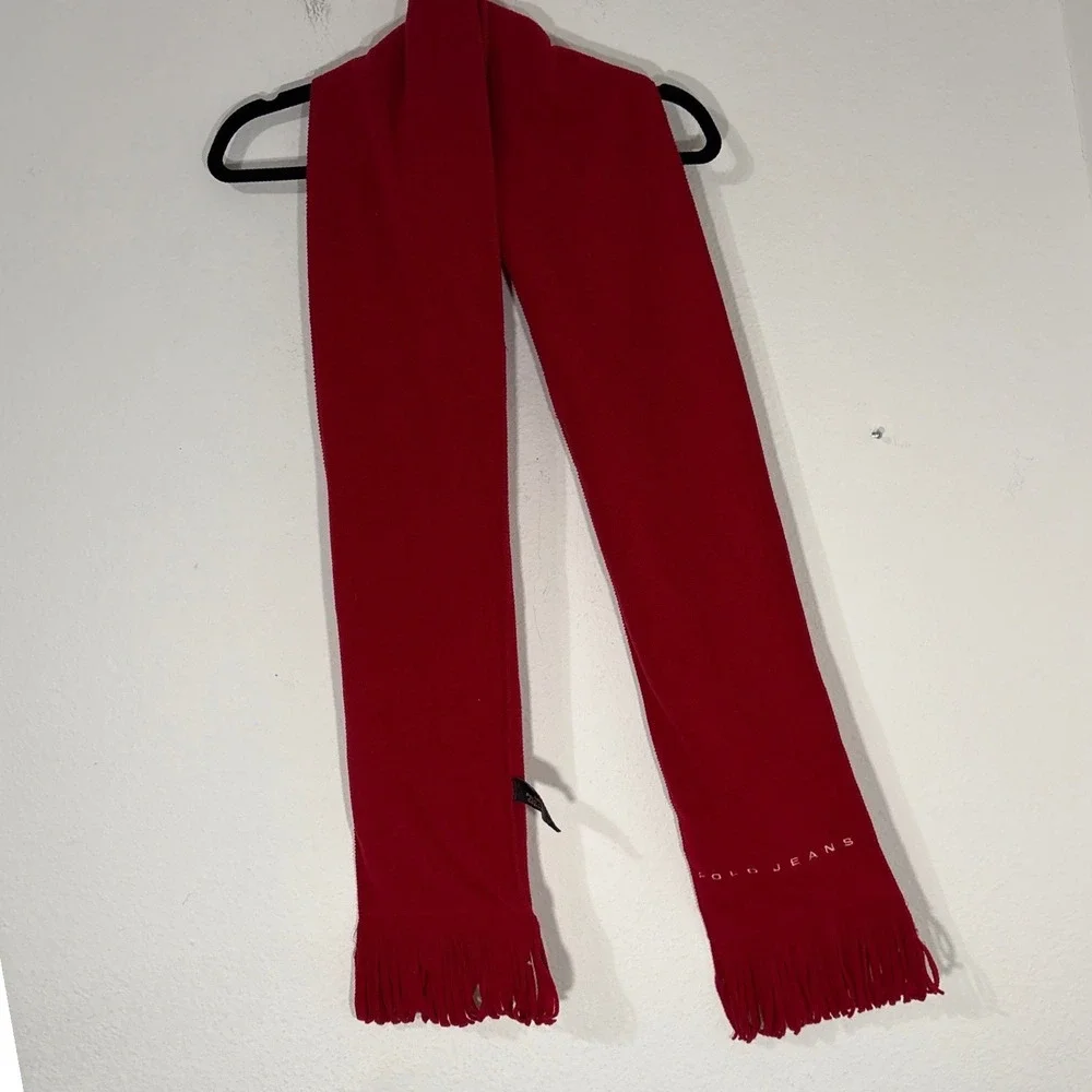 Polo‎ Jeans Company Red Fleece Scarf Embroidered Logo Fringe Winter 80 Inch